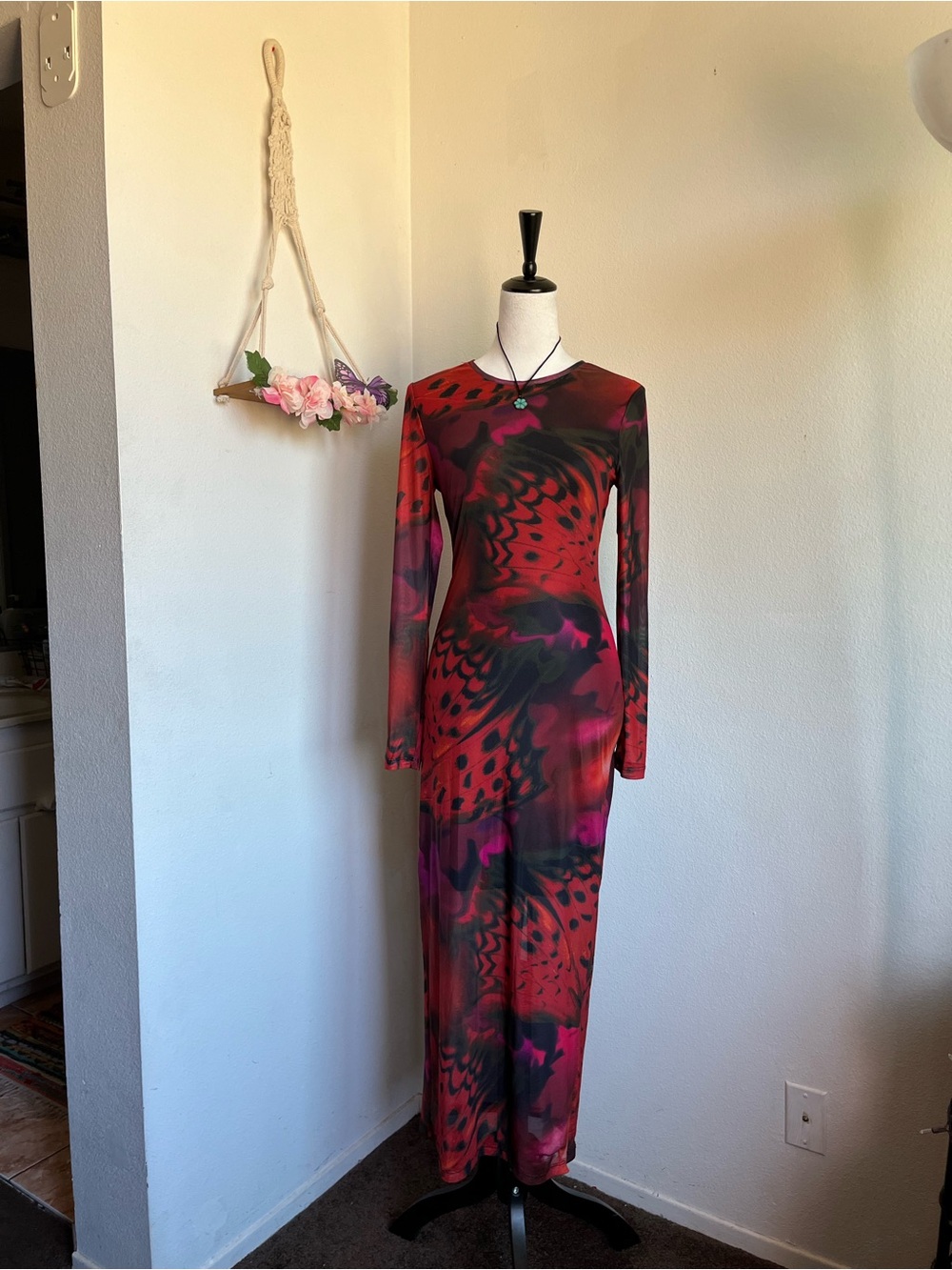 Butterfly print Long Sleeve mesh Bodycon Dress size 6